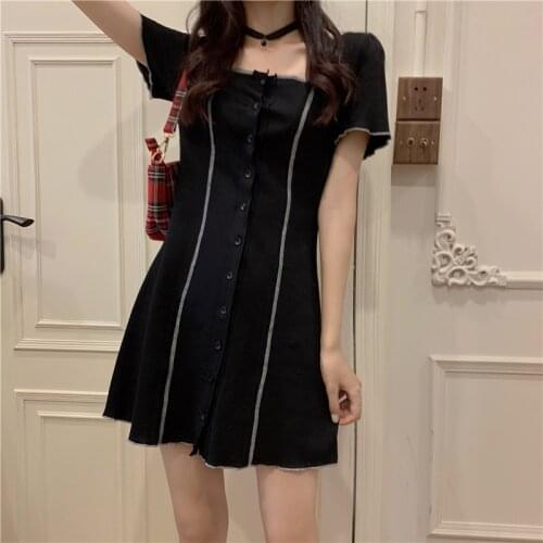 Women Dress New Black Cardigan Buttoned Dress 2021 Summer Square Collar Single-breasted Short Sleeve Above Knee Mini Dress