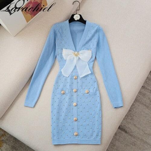 Women Sweet Knitted Mini Dress Elegant Diamonds V Neck Long Sleeve Big Bow Party Night Streetwear Golden Buttons Pencil Vestidos