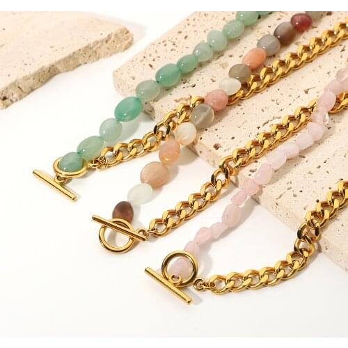 18k Gold Plated Stainless Steel Half Cuban Chain Half Natural Stone Chain Splicing OT Stick Buckle Chokers Necklace For Women