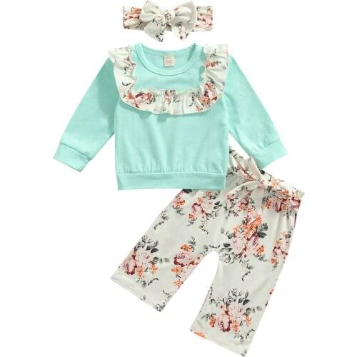 3 Pcs Infant Flower Print Outfits, Girls Long Sleeve Round Neck Ruffle T-shirt + Tie-up Trousers + Bowknot Headband 9M-4T