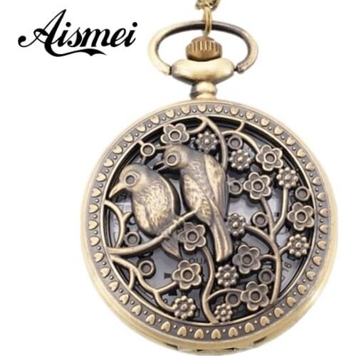 5PCS/lot 2018 Fashion Necklace Chain Pocket Watch Hollow Love Birds W/Battery Bronze Tone for couple