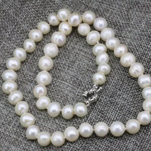 9-10mm white freshwater natural cultured pearl nearround beads chain choker necklace for women weddings party gift 18inch B3236
