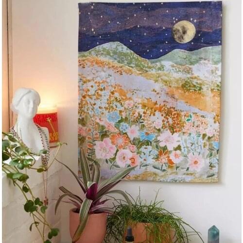 Golden Flower Moon Boho Decor Dorm background cloth Sun Landscape Tapestry Art Psychedelic Mountain Wall Hanging