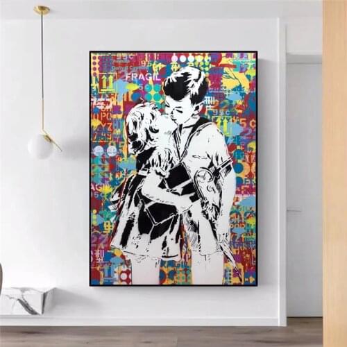 Graffiti Art Abstract Banksy Art Posters Prints Boy and Girl Kissing Wall Pictures for Bedroom Home Decor Canvas Painting