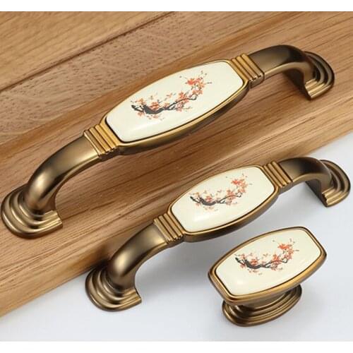 128mm Rereo Beautiful plum blossom ceramic kitchen cabinet cupboard door handle yellow bronze drawer shoe cabinet dresser knob