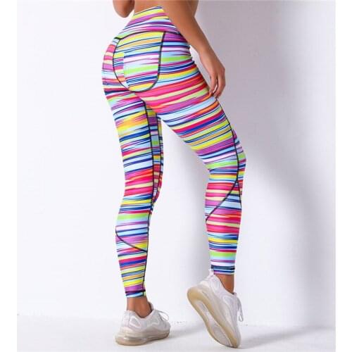Rooftrellen 25%Spandex Printed Leggings Striped Fitness Leggings High Waist Sports Pants For Women Workout Training Pants