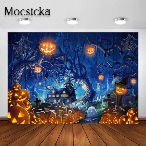 Mocsicka Halloween Pumpkins Lantern Backdrop Horror Night Tombstone Haunted Castle Photography Background Trick or Treat Party