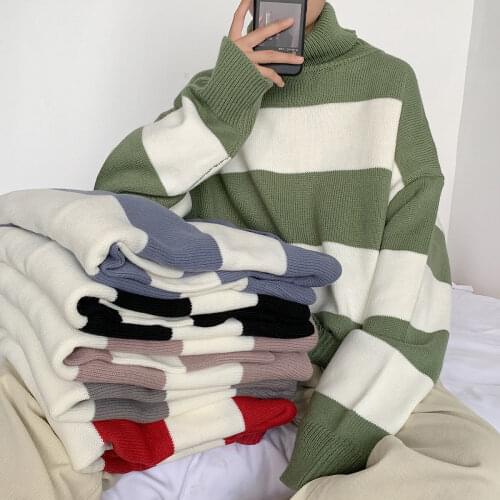 Mens Turtleneck Stripe Sweater 2020 Winter Oversize Casual Woman Pullover Sweater Long Sleeve Streetwear Clothes