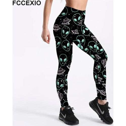 FCCEXIO New Workout Leggings High Waist Fitness Legging Ghost UFO Skull 3D Printed Leggins Female Leg Pants Large Size Leggings