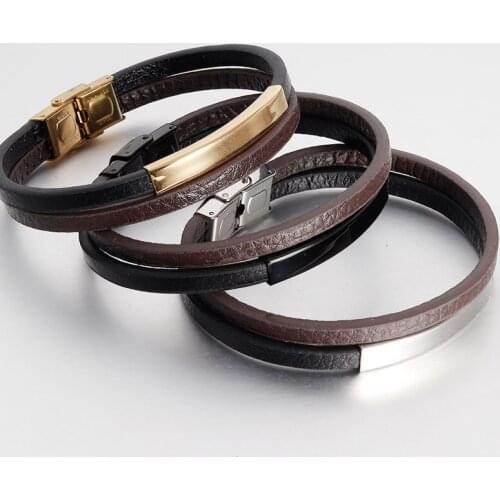 Punk Multi-layer Stainless Steel Buckle Black/Brown Genuine Leather Bracelet For Men Women Classic Design For Surprise Gift