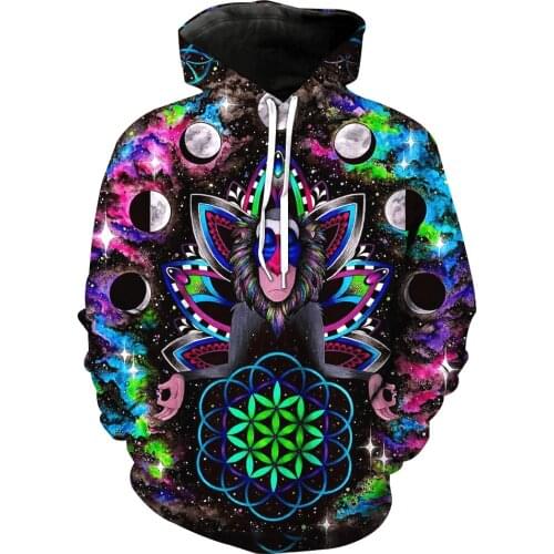 Papertiger Green Flower Black Moon Six-eared Monkey Print Fashion 3D Hooded Sweatshirts