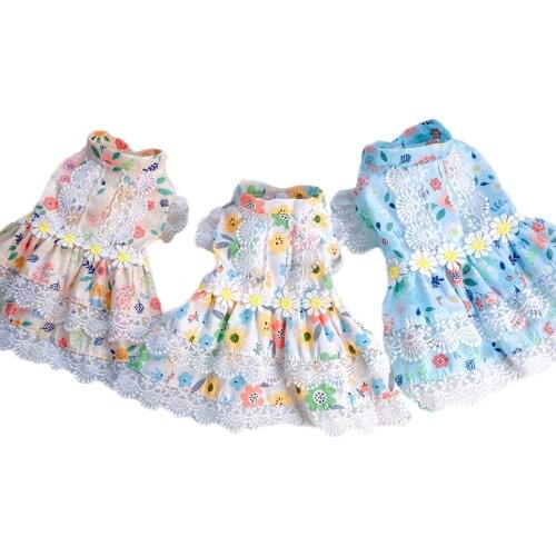 Refreshing Princess Dog Cat Dress Small Floral Pattern Lace Flying Sleeve Hoody Skirt For Small Dogs Chihuahua Evening Dresses L