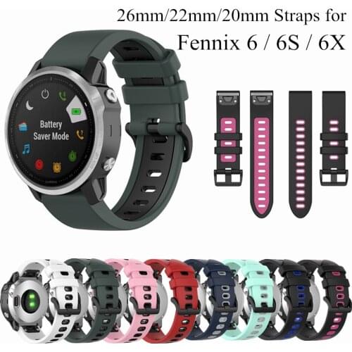 26 22 20mm Silicone Watchband for Garmin Fenix 6X 6 6S PRO Watch Strap Two Color Quick Release Wrist Band for Forerunner 935 945