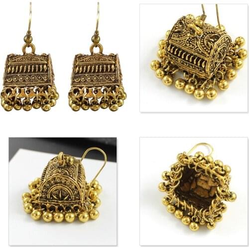 Treasure chest shape engraving totem pattern pattern Hanging metal ball tassel pendant earrings folk-custom Vintage creative