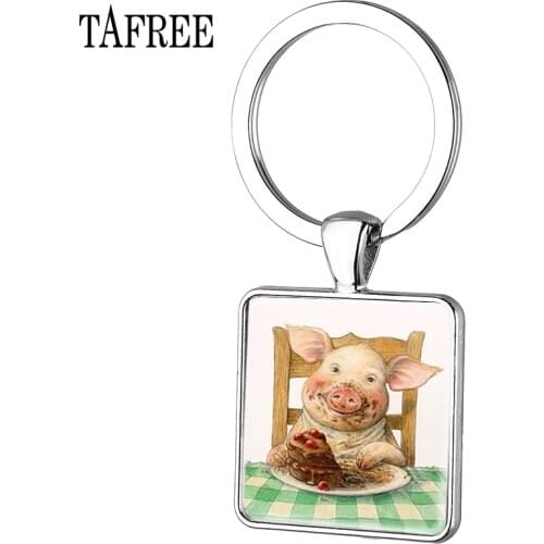 TAFREE 2017 Happy Pig Art Picture Glass Dome Square Shape Key Ring Holder Animal Pendant Keychains Kids Grils Boys Gift E327