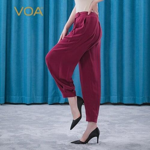 VOA 30m/m Heavy Silk Wine Red Asymmetric One Button Yellow Line Edge Oblique Pocket Toe Harem Pants KE236
