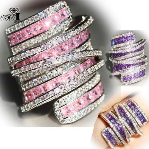 YaYI Jewelry Complex Design Amethyst 280pcs+ Zircon Stamped S925 Silver Color Wedding Heart Valentines Day Girls Copper Rings
