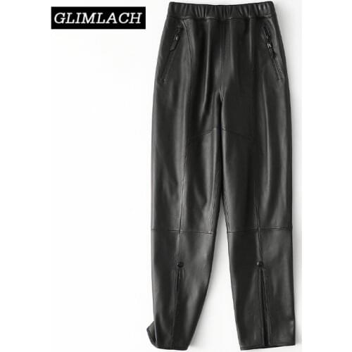 2021 New Women Genuine Leather Wide Leg Pants Fashion Loose Split 100% Sheepskin Real Leather Trousers Female Elastic Waist Pant