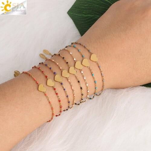 CSJA Stainless Steel Bracelets for Women Miyuki Bracelet Gold-color Link Chain Love Heart Lover Girlfriend Armband Pulseras S412