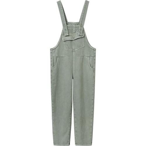 Autumn Jeans Womne Loose Overalls Vintage Washed Large Pockets Suspender Jumpsuit Wide Leg Bib Pants Female Army Green Rompers