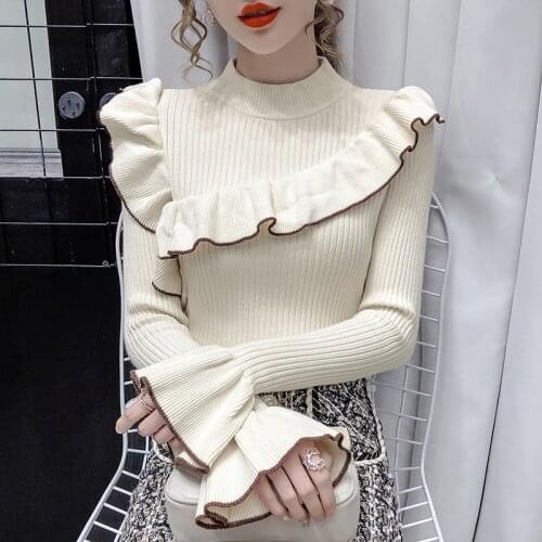 Womens Half Turtleneck Knitted Full Sleeve Solid Sweater Shirts Girls Ruffles Bottoming Sweaters Pullovers Jumpers Tops Female