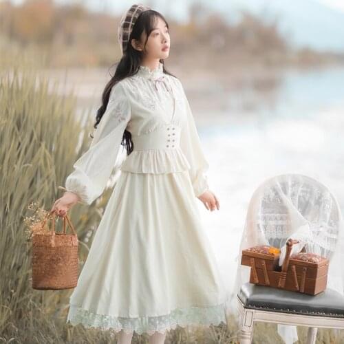 Lolita Sweet Fairy Dress Female Flower Embroidery Chinese Style Retro Ruffle Stand Collar Elegant Puff Sleeve Dress Y2K Fall