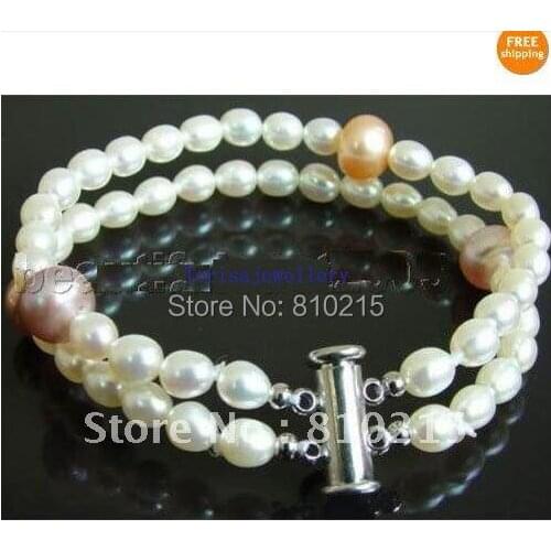 2Rows Pearl Bracelet White Pink Purple Freshwater Pearl Bracelet 7.5inch Fashion Jewelry Wholesale New Free Shipping