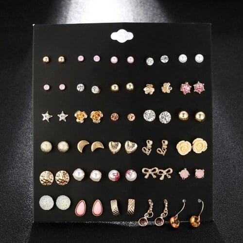 30Pairs/Set Exquisite Simulated-pearl Stud Earrings Set Hot Selling Ball Bowknot Crystal Mixed Earrings Ear Studs