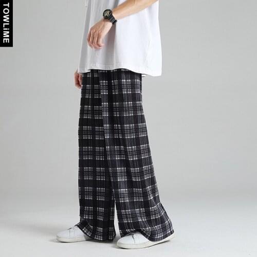 Summer New Men Fashion Plaided Printed Ice Silk Breezy Pants Korean Streetwear Wide Leg Loose Longs Women High Waist Trousers