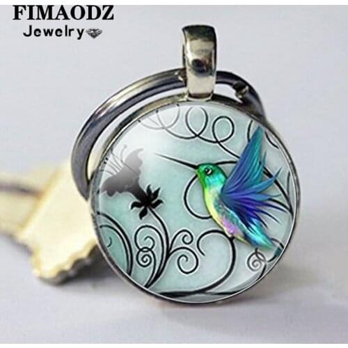 FIMAODZ Blue Hummingbird Keychain Animal Bird Art Photo Glass Cabochon Pendant Alloy Key Chain for Women Bag Pendant
