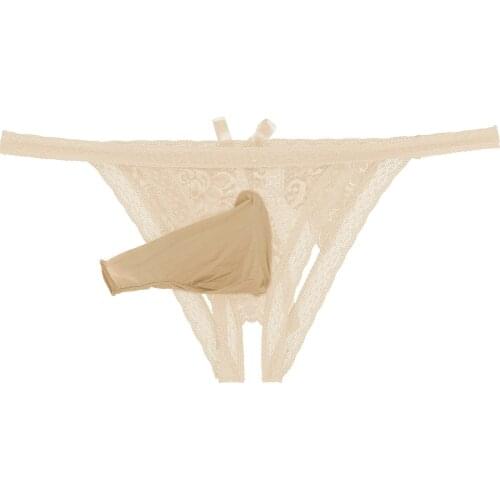 Sissy Gay Underwear Mens Panties Bulge Pouch Crotchless Briefs See Through Lace Thongs Bowknot Back T-back G-string Underpants