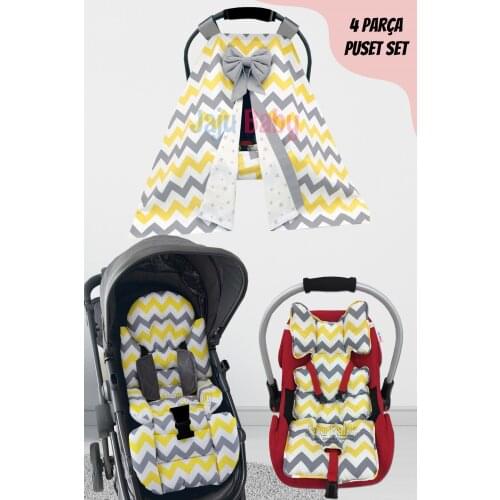 Jaju Baby Handmade, Yellow Gray Zigzag 4-Piece Stroller Set (With Handle)