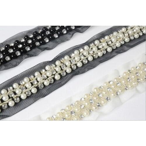 Pearl rhinestone Beaded Lace Trim Black White Mesh Fabric Paillette Lace Beaded Trim Braid Lace Applique