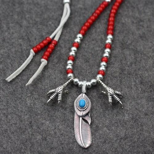 Takahashi Goro S925 Sterling Silver Eagle Claw Feather Blue Turquoise Pendant Men And Women Glass Beads Bucket Rope Necklace