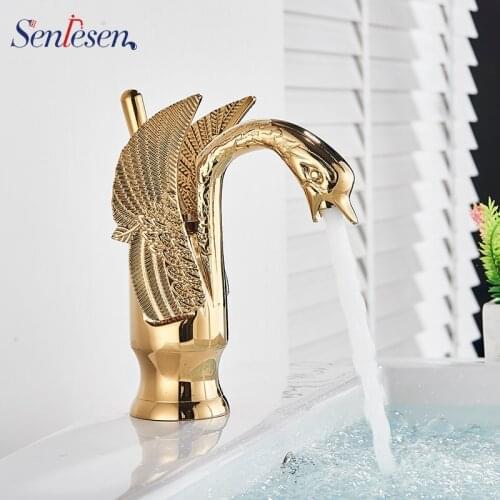 Senlesen Brass Basin Sink Faucet Luxury Swan Shape Bathroom Single Hole Centerset Basin Mixer Tap Gold Finish Swan Faucet