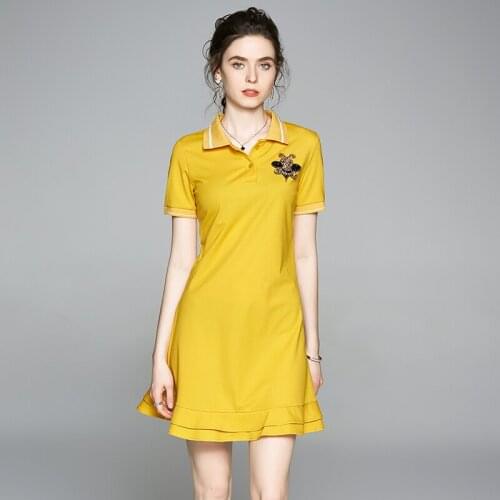 Summer Fashion Bees Sequined Turn-Down Collar Long T-Shirt Dress Women Casual Ruffles Hem Mermaid Vestidos S-XXL k6588