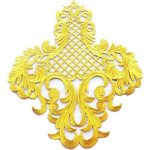 Iron On Appliques Gold Embroidery Flower Cosplay Costumes Garment Patches Embroidered Garment Trims Gold And Silver 37cm*31cm