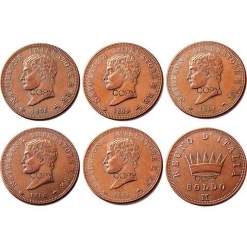 A Set of (1808-1813) 5PCS ITALIAN ST Kingdom Of Napoleon I 1 SOLDO Made in Copper Copy Coins