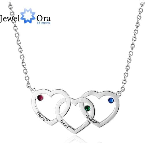 Personalized Intertwined Hearts Necklace with 3 Birthstones 925 Sterling Silver Custom Name Engraved Pendant (JewelOra NE102402)