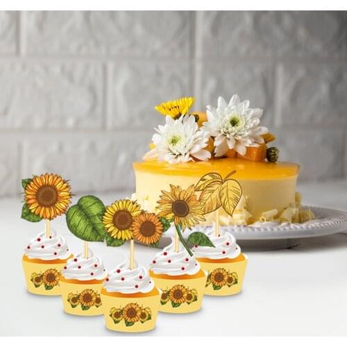 Honey Bee Sunflowers Cake Toppers Warpper Baby Shower Happy Birthday Party Decorations Sunflower Cupcake Decorating Supplies