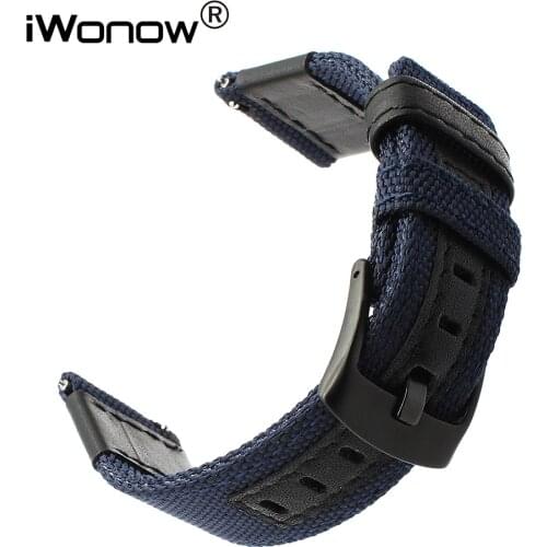 22mm Nylon + Genuine Leather Watchband for Moto 360 2 46mm Men Pebble Time Huawei Watch 2 (Classic) Quick Release Band Strap