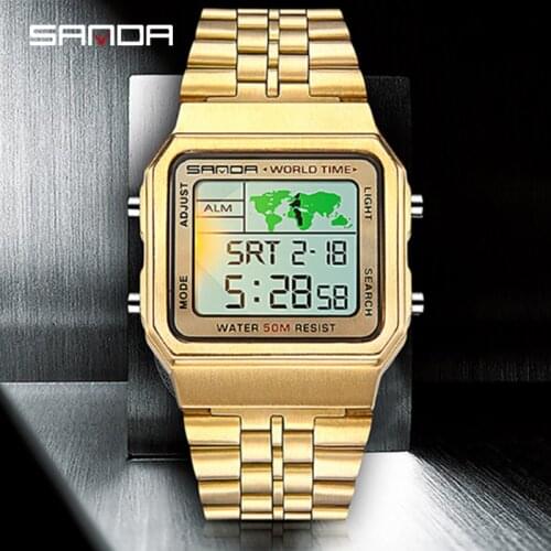 SANDA Fashion New World Map Digital Wristwatch Multifunctional Square Men Watch Stainless Steel Strap Luminous Function 500