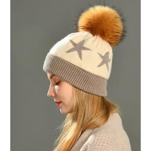 MAOMAOFUR Women Real Fur Hat Big Raccoon Fur Pom Pom Beanies Hat Winter Autumn Knitted Wool Skullies Cashmere Cap