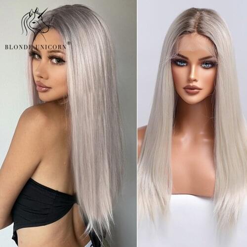 Blonde Unicorn Long Straight Synthetic Lace Part Hair Wigs Ombre White Sliver For White Women Heat Resistant Fiber Daily Use