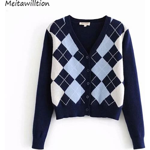 Vintage Geometric Rhombic Cardigan Sweater Women Autumn Warm Long Sleeve Outerwear 2021 Elegant V-Neck Chic Knit Tops