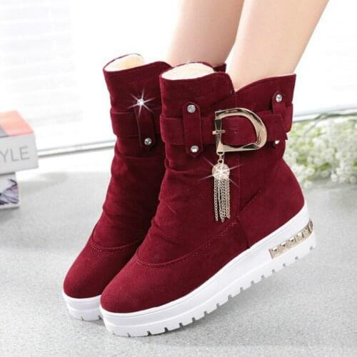 Height Increasing The New Snow Boots Women Ankle Slip-On Round Toe Fringe Solid Plush Winter Non-slip Keep Warm Thick bottom