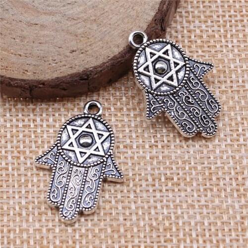 WYSIWYG 4pcs 28x19mm 2 Colors Antique Silver Color Antique Bronze Double Sided Hand With Star Of David Charms