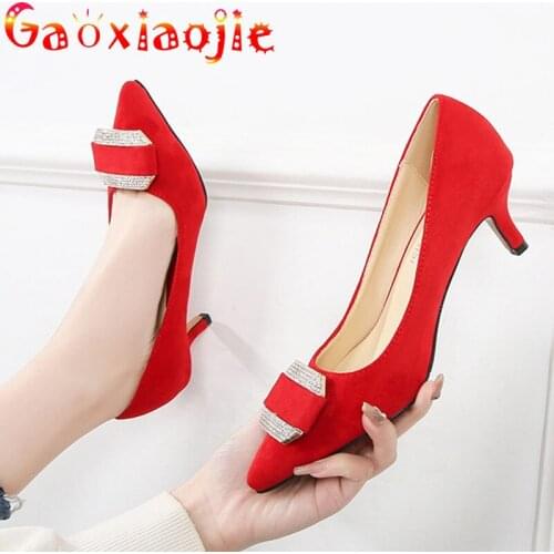 Pumps Women Shoes Fashion Flock Shallow Wedding Party Pointed Toe High Heels Glistening Water Drill Buckle 5CM Stiletto Heel