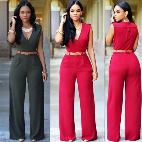 Elegant Womens Summer Solid Jumpsuits Sexy Deep V-Neck Sleeveless Fashion Rompers Side Pocket Long Jumpsuit Playsuit with Belt