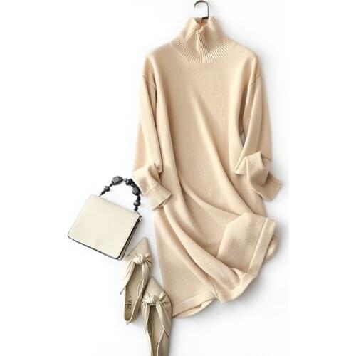 Women dress winter 2020 knit sweater long sleeve turtleneck superior 100% cashmere sweater dress for women